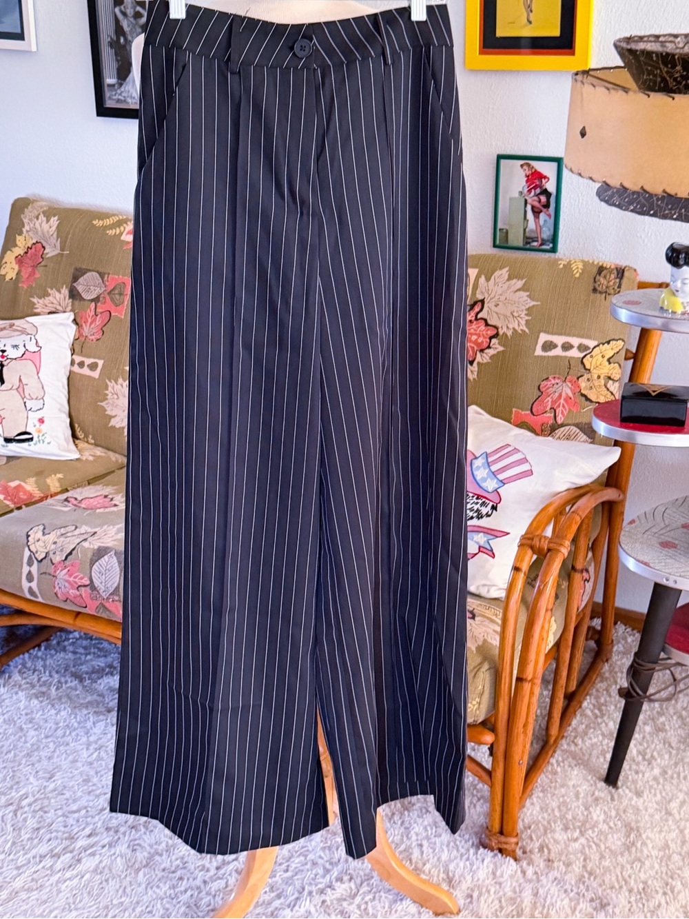 Wide Leg Pants | black white | pinstripe | S M | Retro | 1930s 1940s style